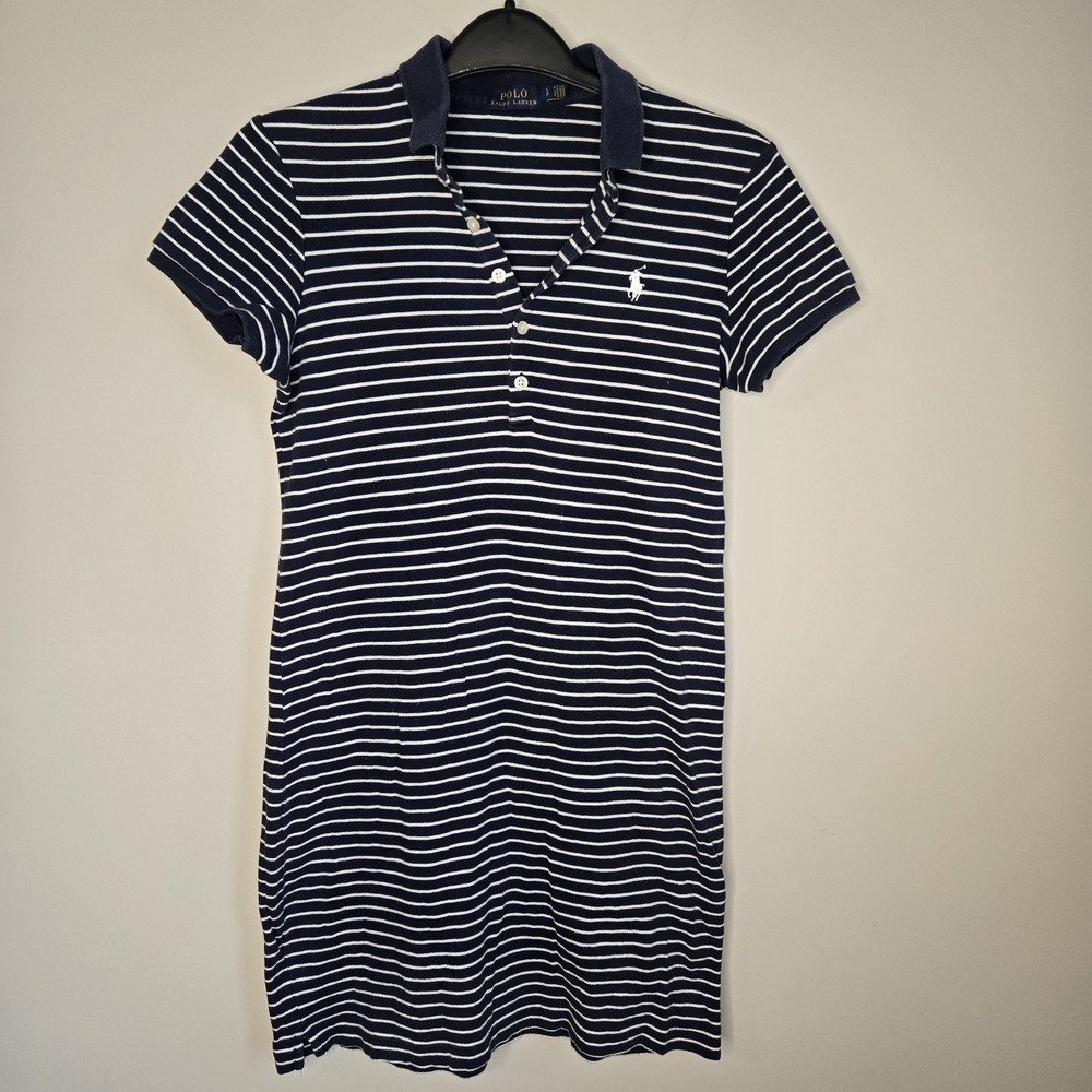 Ralph Lauren Striped Navy Blue Polo Shirt Dress S Small Cotton Logo Nautical SEE
